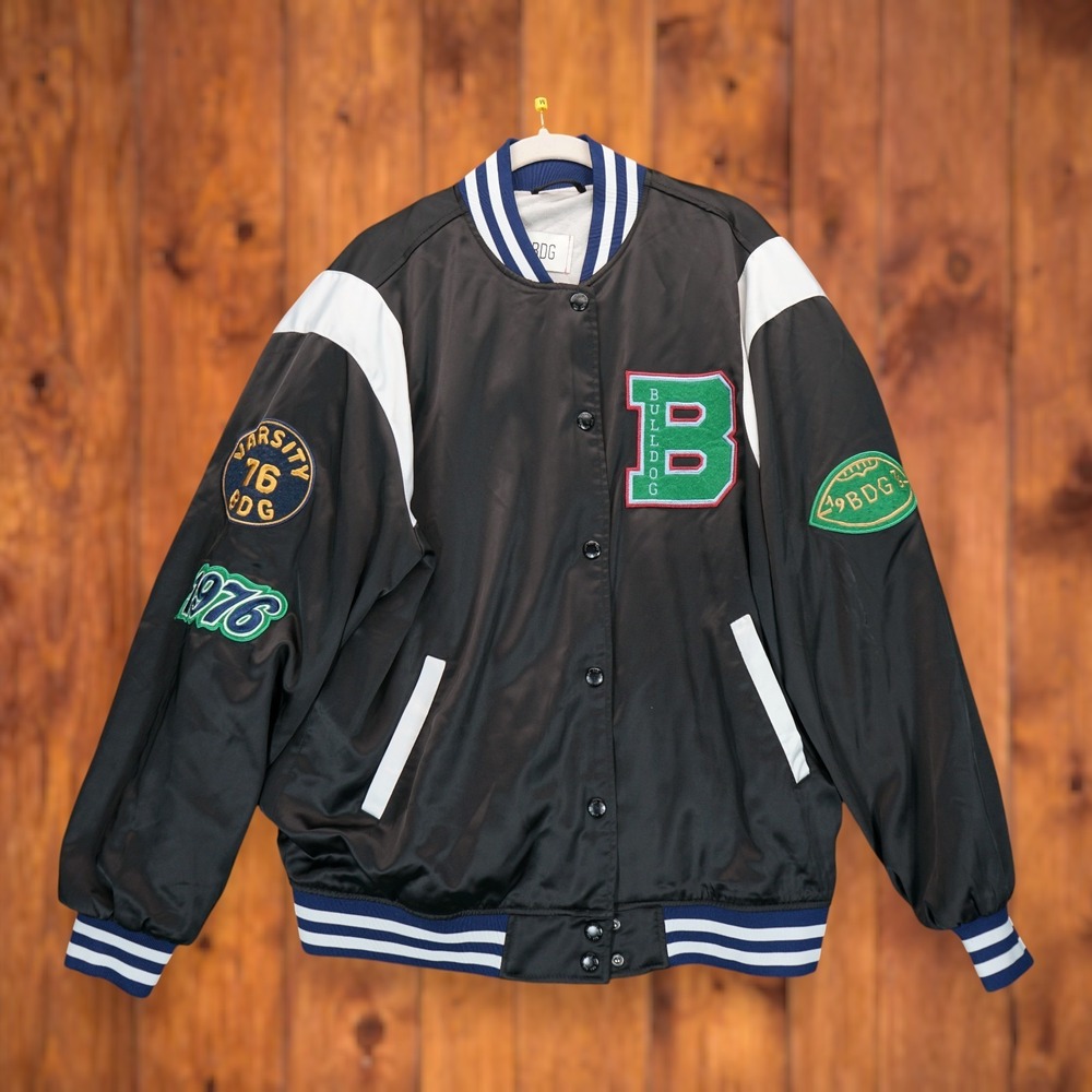 BDG‎ Urban Outfitters Faye Satin Oversized Varsity Jacket-Womens S-Black-Patches
